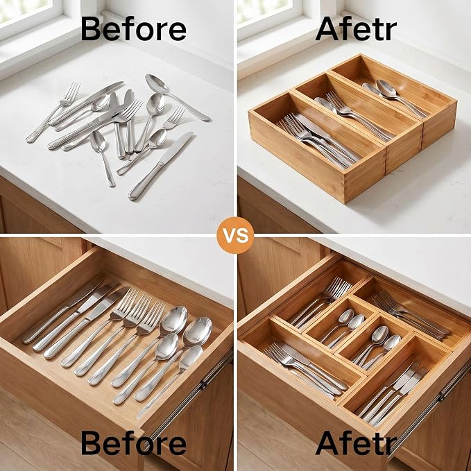 Bamboo Drawer Organizer Set, 2 Pack Multi-Size Wooden Storage Box, Natural Utensil Holder for Kitchen Flatware Silverware, Bathroom, Office Desk, Makeup and Cooking Tools