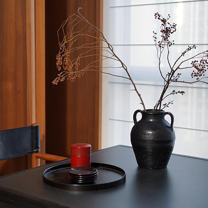 Wild Works Bailey Handmade Black Vase with 2 Ear Design - 9.6'' Tall Terracotta Vase, Vintage Rustic Antique Decor, Black Ceramic Vases, Flower for Living Room, Entrance,Wabi-sabi Decorations