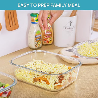 Vtopmart 2Pack 2260ml/ 76.4oz Large Glass Storage Containers with Lids, Meal Prep Food Container Set with Snap Airtight Lid for Baking, Microwave, Oven, Leak Proof, for Freezer, Dishwasher, Blue