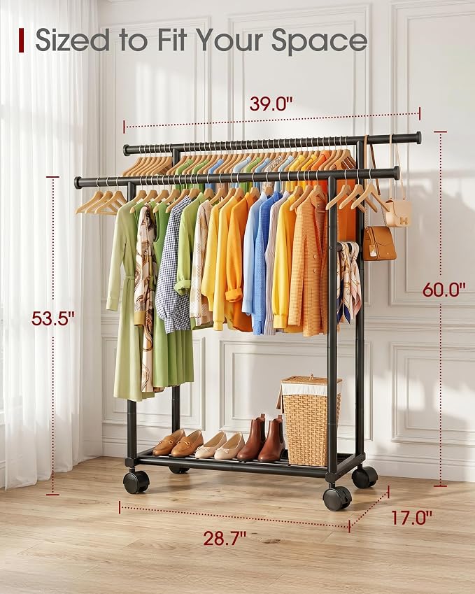 Sakugi Double Rods Clothes Rack - Metal Clothing Rack with Fixed Double Rods, Rolling Wheels & Built-In Shelf for Closet, Bedroom, Laundry Storage (39" x 17" x 60", Black)