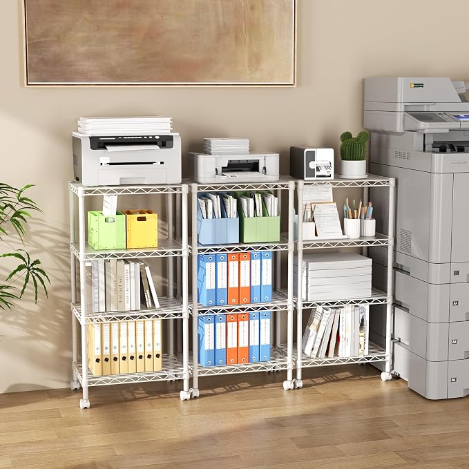 SINGAYE 4 Small Shelves Storage Shelf Wire Shelving Unit Metal Shelf Adjustable Organizers Storage Shelving with Wheels for Bathroom Laundry Room Kitchen Pantry11.5”D x 17.5”W x 30.5”H White