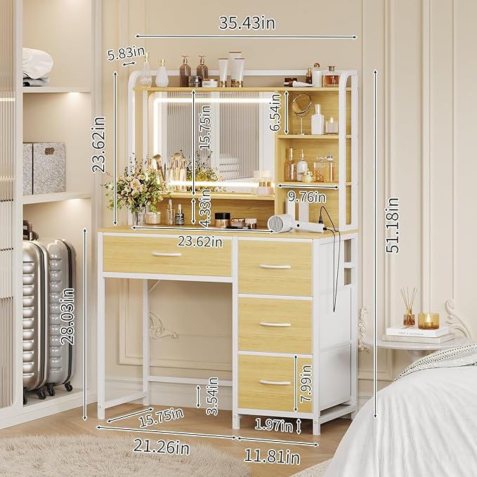35.4" Vanity Desk with Square Mirror for Bedroom, Makeup Table with 4 Fabric Drawers & Storage Shelves, Modern Dressing Desk for Women Girls