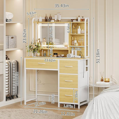 35.4" Vanity Desk with Square Mirror for Bedroom, Makeup Table with 4 Fabric Drawers & Storage Shelves, Modern Dressing Desk for Women Girls