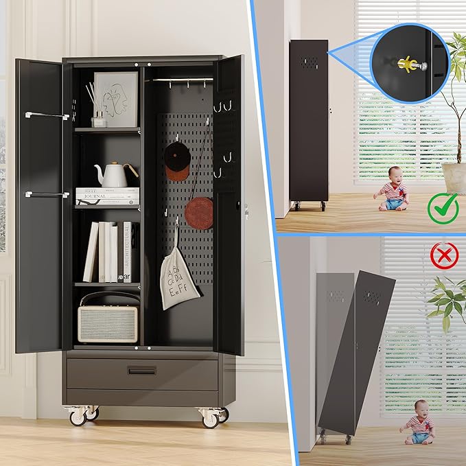 Broom Closet Storage Cabinet with Wheels and Drawer,Garage Storage Cabinet with Magnetic Doors,Pegboard and Adjustable Shelves for Garage Home,Required Assembly,Black