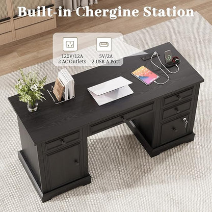 Vipbear 59" Executive Desk, Farmhouse Computer Desk with Drawers, Lockable File Drawer, Storage Cabinet & Power Outlet, Rustic Home Office Desks, Workspace for Work Study Writing, Black