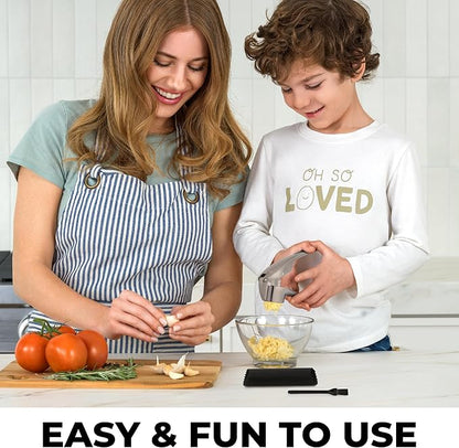 Zulay Kitchen Large Premium Garlic Press Set – Rust Proof & Dishwasher Safe, Bigger Bowl Garlic Mincer Tool with Silicone Garlic Peeler & Brush, Easy Squeeze & Clean, Ergonomic Handle - Silver