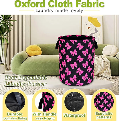 Pink Bow Laundry Basket Funny Bowknot Foldable Waterproof Oxford Cloth Tote Bag Laundry Hamper Round Large Clothes Storage Bucket Toy Organizer For Bathroom/Laundry Storage/Bedroom 18.9x16.5 Inch