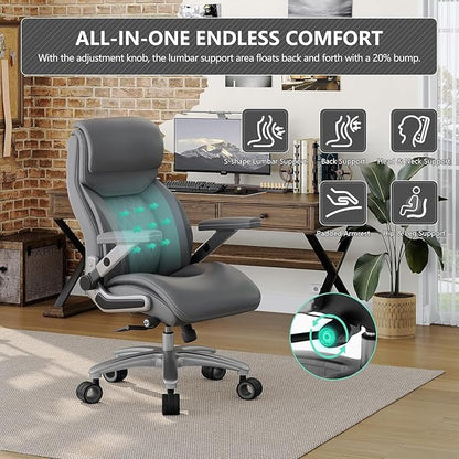 Big and Tall Office Chair with 5D Arms, 600lbs Heavy Duty Desk Chair with Adjustable Lumbar Support, PU Leather High Back Ergonomic Executive Computer Chair with 3'' Silent Casters