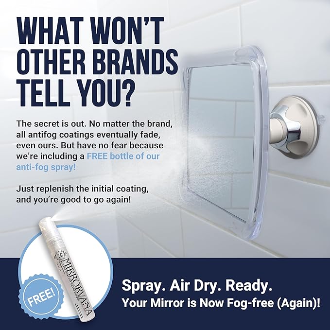 MIRRORVANA Fogless Shower Mirror for Shaving with Upgraded Suction-Cup, 1X Magnifying, 6.3 x 6.3 Inch (Translucent Frame, Grey Suction)
