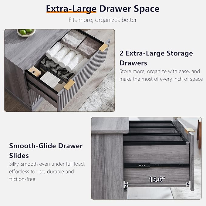 JXQTLINGMU 2 Drawer File Cabinet with Charging Station, 30" Fluted Lateral File Cabinet w/Files Hanging Rod for Letter/Legal/A4, Large Tabletop for Printer, Office Wood Printer Cabinets, Oak Gray