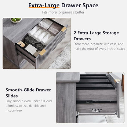 JXQTLINGMU 2 Drawer File Cabinet with Charging Station, 30" Fluted Lateral File Cabinet w/Files Hanging Rod for Letter/Legal/A4, Large Tabletop for Printer, Office Wood Printer Cabinets, Oak Gray