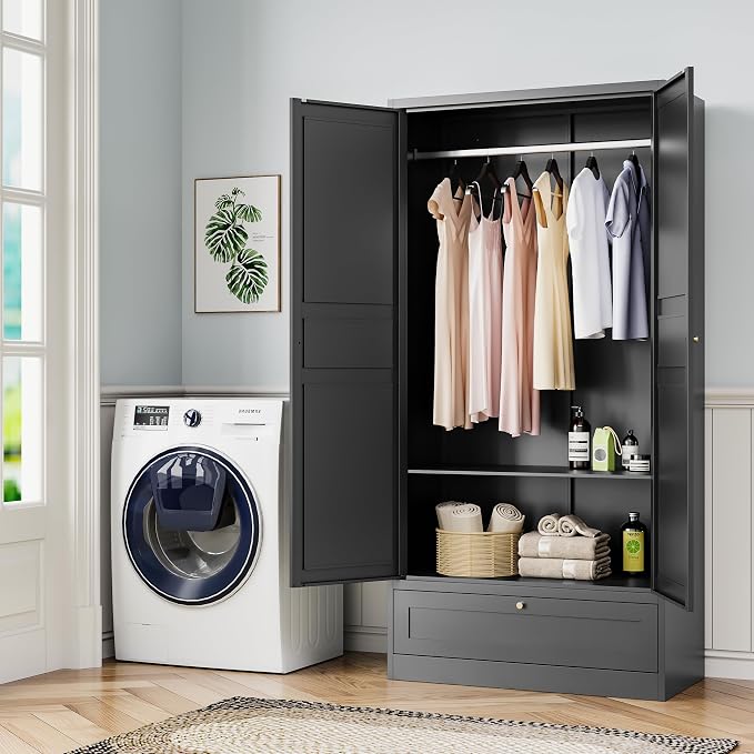 BYNSOE Metal Armoire Wardrobe Closet with 2 Doors 72'' Wardrobe Cabinet with Drawers and Hanging Rail Metal Closet with Adjustable Shelves for Bedroom. (Black, with 1drawer)