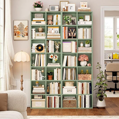 FOTOSOK 71'' Tall Bookshelf Set of 2, 7 Tier Large Bookshelf with Adjustable Shelves, Wide Bookcases and Bookshelf, DVD/CD Media Tower Storage, Cube Book Shelf Display Storage Cabinet, Green