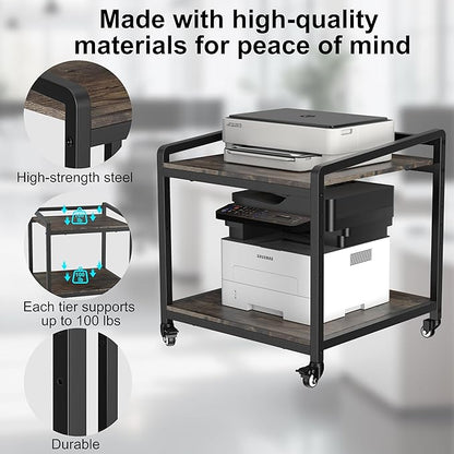 TRUSOON Mobile Printer Stand with Lockable Wheels, 2 Tier Rolling Printer Cart Under Desk with Adjustable Shelf, 23" Hight, Holds up to 200lbs for Home & Office, Rustic Brown