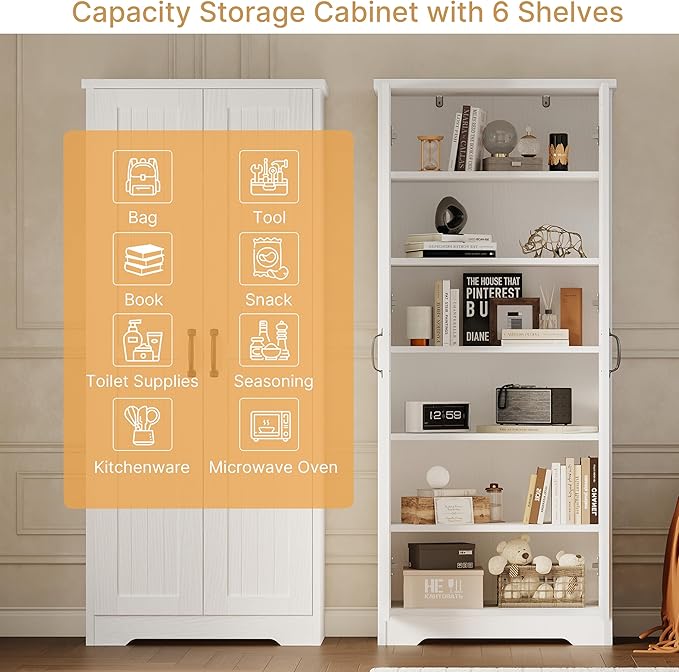 70" Tall Storage Cabinet, Large Wood Storage Pantry Cabinet with 6 Adjustable Shelves & 2 Doors, Standing Utility Storage Cabinets for Kitchen, Bathroom, Dining Room (Soft White)