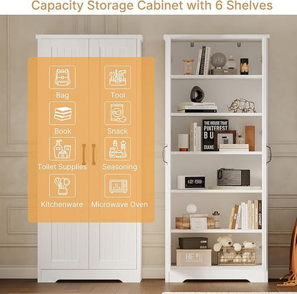 70" Tall Storage Cabinet, Large Wood Storage Pantry Cabinet with 6 Adjustable Shelves & 2 Doors, Standing Utility Storage Cabinets for Kitchen, Bathroom, Dining Room (Soft White)
