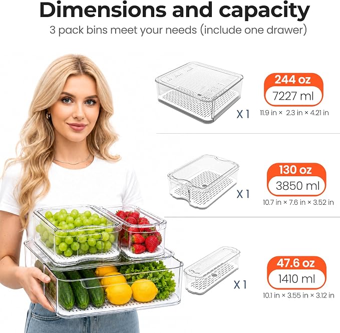 SMRCAD Refrigerator Organizers, Clear Pull-out Drawer Container and Organizer Bins with Lids, Stackable Storage Containers for Fruits, Vegetable (Set of 3 (Include Pull Out Drawer))