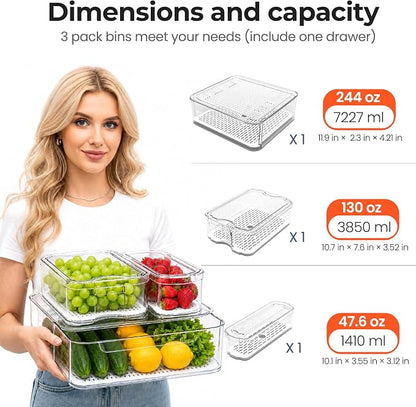 SMRCAD Refrigerator Organizers, Clear Pull-out Drawer Container and Organizer Bins with Lids, Stackable Storage Containers for Fruits, Vegetable (Set of 3 (Include Pull Out Drawer))