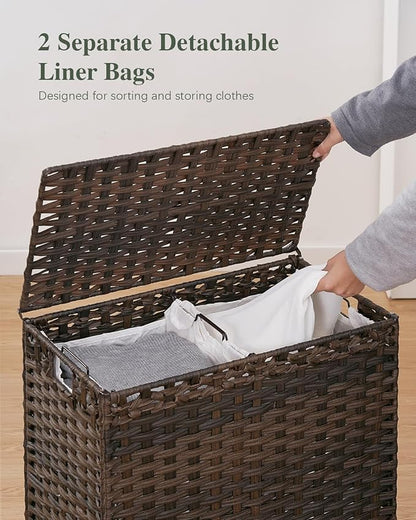 Laundry Hamper with Lid, 112 L Handwoven Rattan Wicker Laundry Basket, 2 Removable Liner Bags Metal Heightened Feet, 6 Mesh Bags, 2 Section Large Clothes Hamper for Bathroom Bedroom, Brown