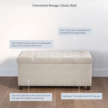 BELLEZE 35" Tufted Ottoman, Storage Bench with Safety Close Hinge, Ottoman with Storage for Living Room, Entryway, Hallway, Foot Rest, Support 300lbs - Beige