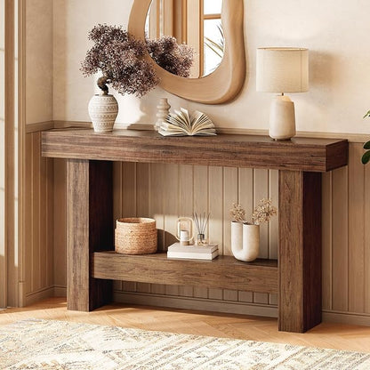 55 Inch Farmhouse Console Table,Wooden Rectangular Sofa Table Behind The Couch,Industrial Entryway Tables with Storage for Living Room,Entrance,Hallway (Brown)