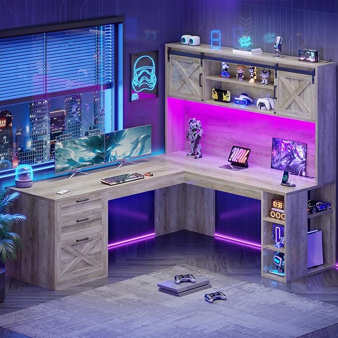 SEDETA 67" Farmhouse L Shaped Desk with Hutch, Home Office Desks with Drawers & Sliding Doors, Corner Computer Desk with Storage Shelves & Power Outlets, Executive Desk with LED Lights, Grey