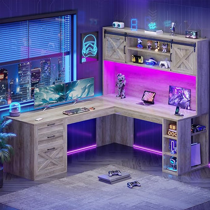 SEDETA 67" Farmhouse L Shaped Desk with Hutch, Home Office Desks with Drawers & Sliding Doors, Corner Computer Desk with Storage Shelves & Power Outlets, Executive Desk with LED Lights, Grey