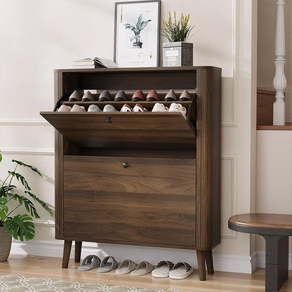 Smuxee Walnut Shoe Cabinet with 2 Flip Drawers, 31.5" Hidden Shoe Storage Cabinet with Curved Edge & Grille Stripe, Freestanding Shoe Organizer Cabinet for Entryway, Hallway, Living Room