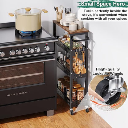 Utility Slim Storage Cart, Skinny Rolling Spice Rack with Table Top, Small Laundry Organizers and Storage Shelves for Between Washer and Dryer, Thin Shelf for Narrow Spaces, 4 Tier Bathroom Cabinet