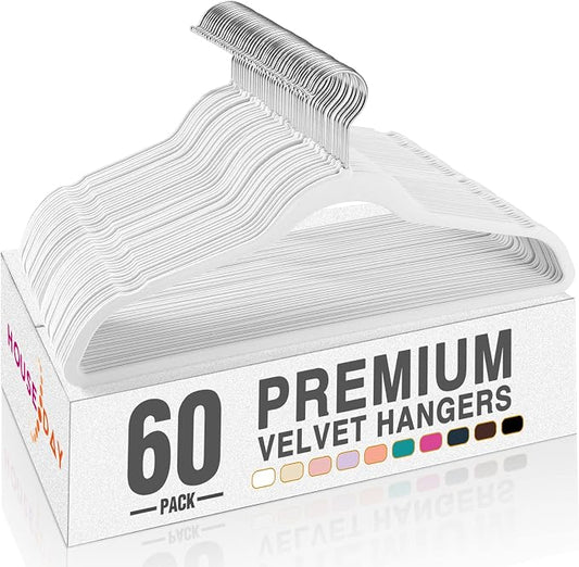 HOUSE DAY White Velvet Hangers 60 Pack, Non Slip Clothes Felt Hanger Heavy Duty for Coat, Premium Slim Space Saving Suit Hangers for Closet Organizer, 360° Rotating Silver Hook