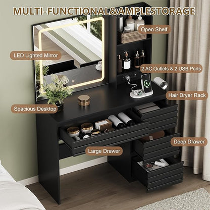 Makeup Vanity Desk with Lights, Fluted Vanity with 4 Drawers, Open Shelves, Power Outlet, LED Lighted Mirror, 3 Lighting Modes & Brightness Adjustable, Wood Dressing Table for Bedroom, Black