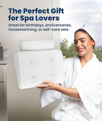 Everlasting Comfort Luxury Bath Pillows for Tub with Head and Neck Support - Non-Slip Bathtub Pillow with Suction Cups, Quick-Drying Mesh & Drying Hook - Jacuzzi & Spa Accessories for Women - White