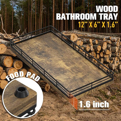 Bathroom Vanity Tray – 12" x 6" Decorative Wooden Tray for Toilet Tank Organizer Wood Tray for Bathroom Countertop, Soap, Perfume & Accessories Storage Vanity Dresser Decor Black & Rustic Brown