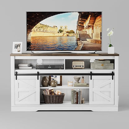 JUMMICO Fireplace TV Stand for 65+ Inch TV with 26'' Fireplace Entertainment Center with Storage Cabinet and Adjustable Shelves Media Console with Sliding Barn Door for Living Room (Milk White)