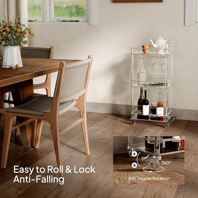 Eglaf Small Acrylic Bar cart - 3 Tier Home Bar Cart Rolling Serving Cart with 4 Lockable Wheels, Glass Holders, Handle, for Living Room, Kitchen, Bedroom, Bar, 15.6" L x 11.6" W x 35" H