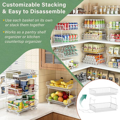 OKZEST Pantry Organizers and Storage Cart with Upgraded Metal Hub Casters | Fits under pantry shelf, stackable fine-mesh wire baskets, 3-tier rolling cart holds drink, snack, can, potato, onion, fruit