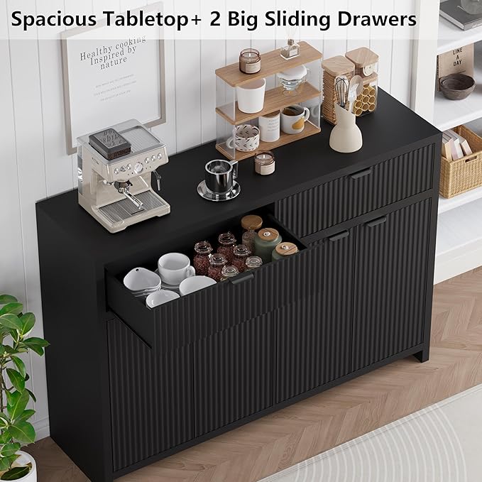 Fluted Sideboard Buffet Cabinet with Storage and Large Drawers, 55" Credenza Storage Cabinet for Living Room & Entryway, Farmhouse Buffet Table with Adjustable Shelves, Console Cabinet, Balck