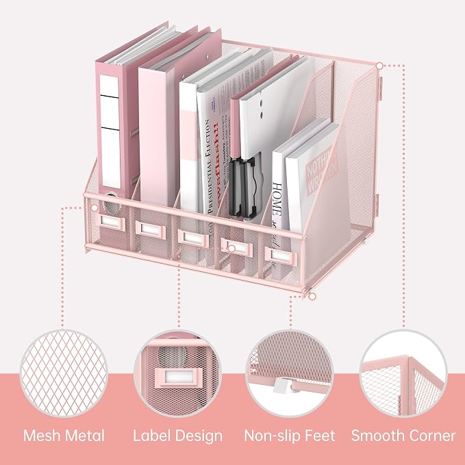 SUPEASY Desk Organizers Metal Desk Magazine File Holder with 5 Vertical Compartments Rack File Organizer for Office Desktop, Classroom, Home Workspace, Pink Plus