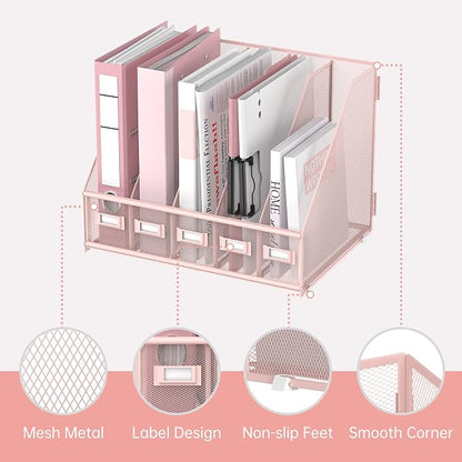 SUPEASY Desk Organizers Metal Desk Magazine File Holder with 5 Vertical Compartments Rack File Organizer for Office Desktop, Classroom, Home Workspace, Pink Plus