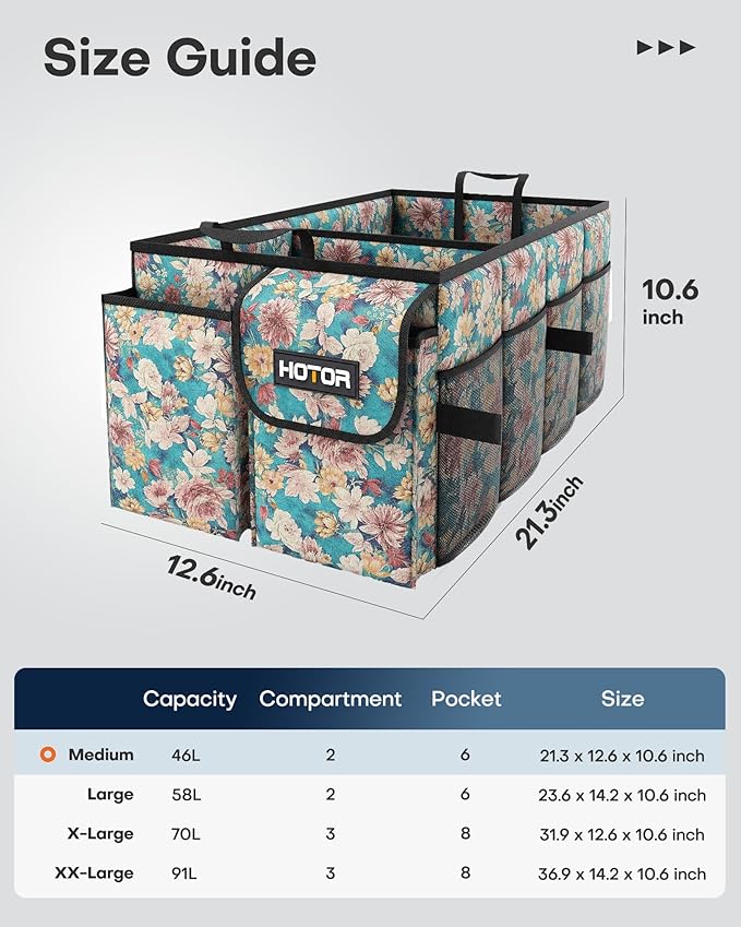HOTOR Trunk Organizer- Car Organizer, Foldable Trunk organizer for SUVs & Sedans, Sturdy Car Organization for Car Accessories, Tools, Sundries, Blue Flower, 2 Compartments, 21.3"×12.6"×10.6"