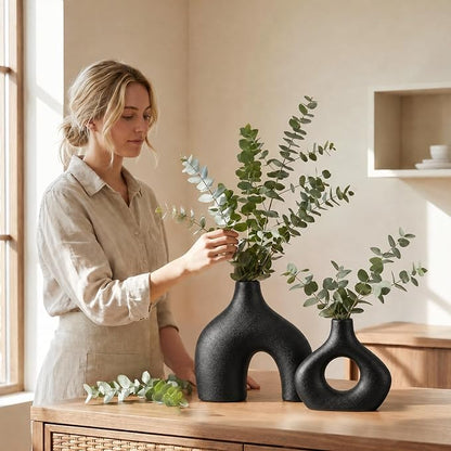 Black Ceramic Flower Vase Home Decor Set of 2, Farmhouse Table Vases Rustic Vintage Living Room Kitchen Bedroom Decorations for House Book Shelf Office Coffee Desk Dining Fireplace