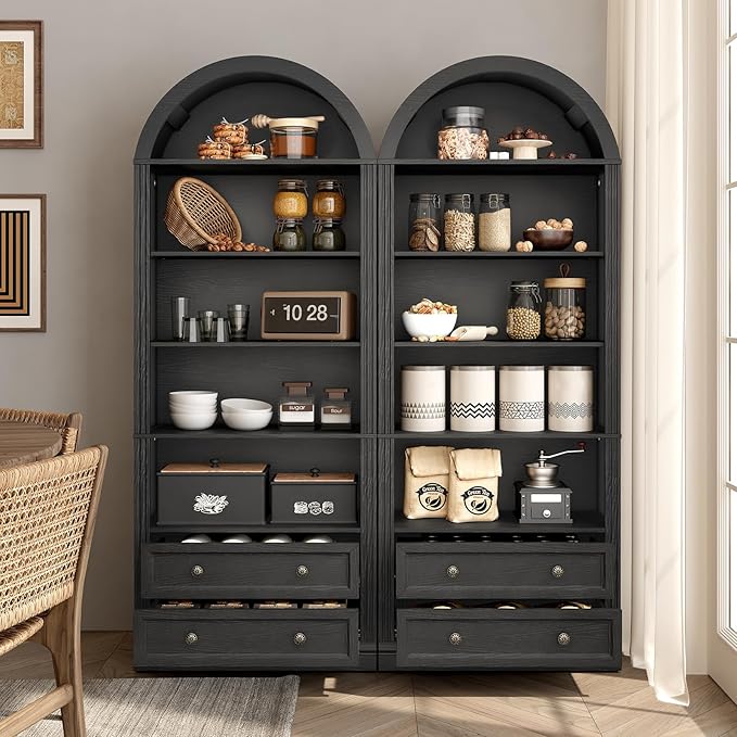 Farmhouse Arched Bookshelf Set of2, 7 Tiers Arch Bookcase with 2 Spacious Drawers, Modern Book Shelf with Open Display Shelves and Storage Cabinet, for Office, Living Room, Kitchen, Black