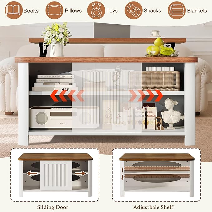 Lift Top Coffee Table with Storage, 31.5" Mid Century Modern Square Coffee Tables for Living Room, Large Hidden Storage Compartment, Adjustable Shelves & Sliding Door, White