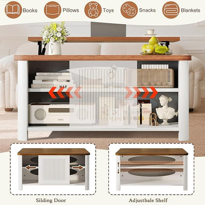 Lift Top Coffee Table with Storage, 31.5" Mid Century Modern Square Coffee Tables for Living Room, Large Hidden Storage Compartment, Adjustable Shelves & Sliding Door, White