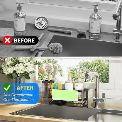 Cisily Kitchen Sink Caddy Organizer with High Brush Holder, Sponge Holder for Sink, 304 Rustproof Stainless Steel, Countertop Soap Dispenser Organizer, Black with Towel Rack, 9.25