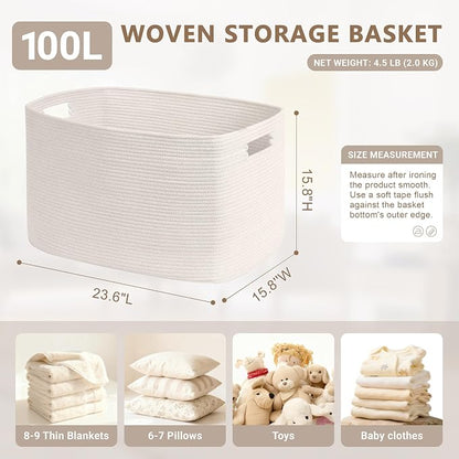 100L Extra Large Baby Girls Laundry Basket for Nursery Storage,Cute Woven cotton Rope Baskets for Kids Toy，Gifts, Boho Square Wicker Blanket hamper for Living Room,Bedroom Dirty Clothes, White