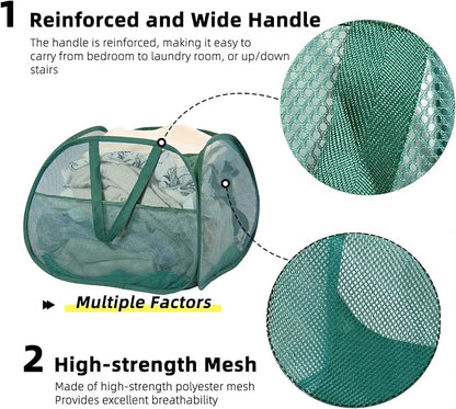 Collapsible Laundry Basket, 90L Foldable Pop-up Laundry Hamper with Handles, Square Mesh Dirty Clothes Hamper for Laundry, Bathroom, Kids Room, Dorm,Travel or Camping (Green)