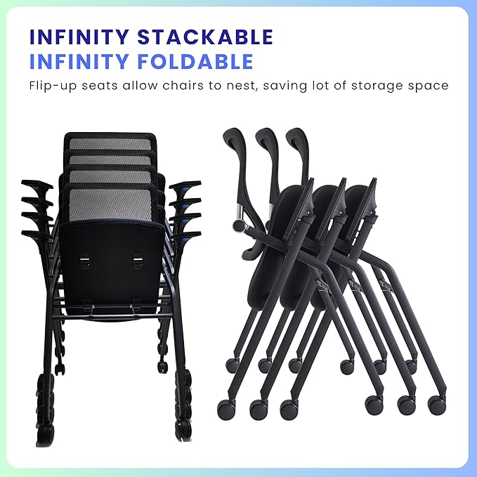 PRO, Stackable & Foldable Conference Room Chairs with 2X Thick Cushion, Lumbar Support, Armrest - Mesh Bouncing Back for Office Meeting, Conference, Training Room Chair 1 Pack