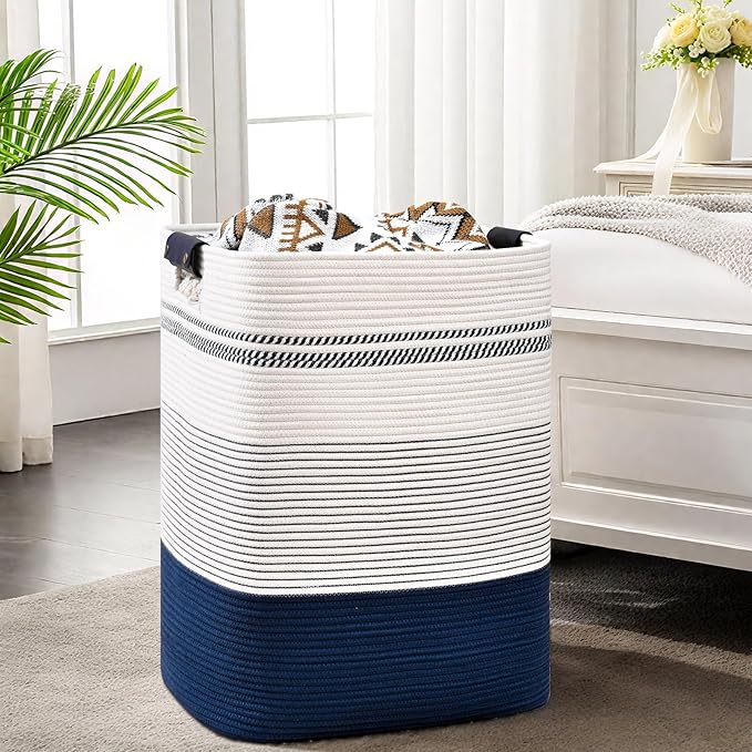 Degeyoyo Laundry Hamper, 95L Tall Laundry Basket with Leather Handles, Rectangle Large Clothes Hamper for Organizing, Cotton Woven Laundry Baskets Storage Hampers for Bedroom, Nursery, Living Room
