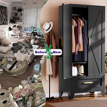 Metal Armoire Wardrobe Closet,71" Tall Black Storage Cabinet with Hanging Rod,2 Drawers & Adjustable Shelves,Heavy-Duty Steel Wardrobe for Bedroom, Garage, and Office